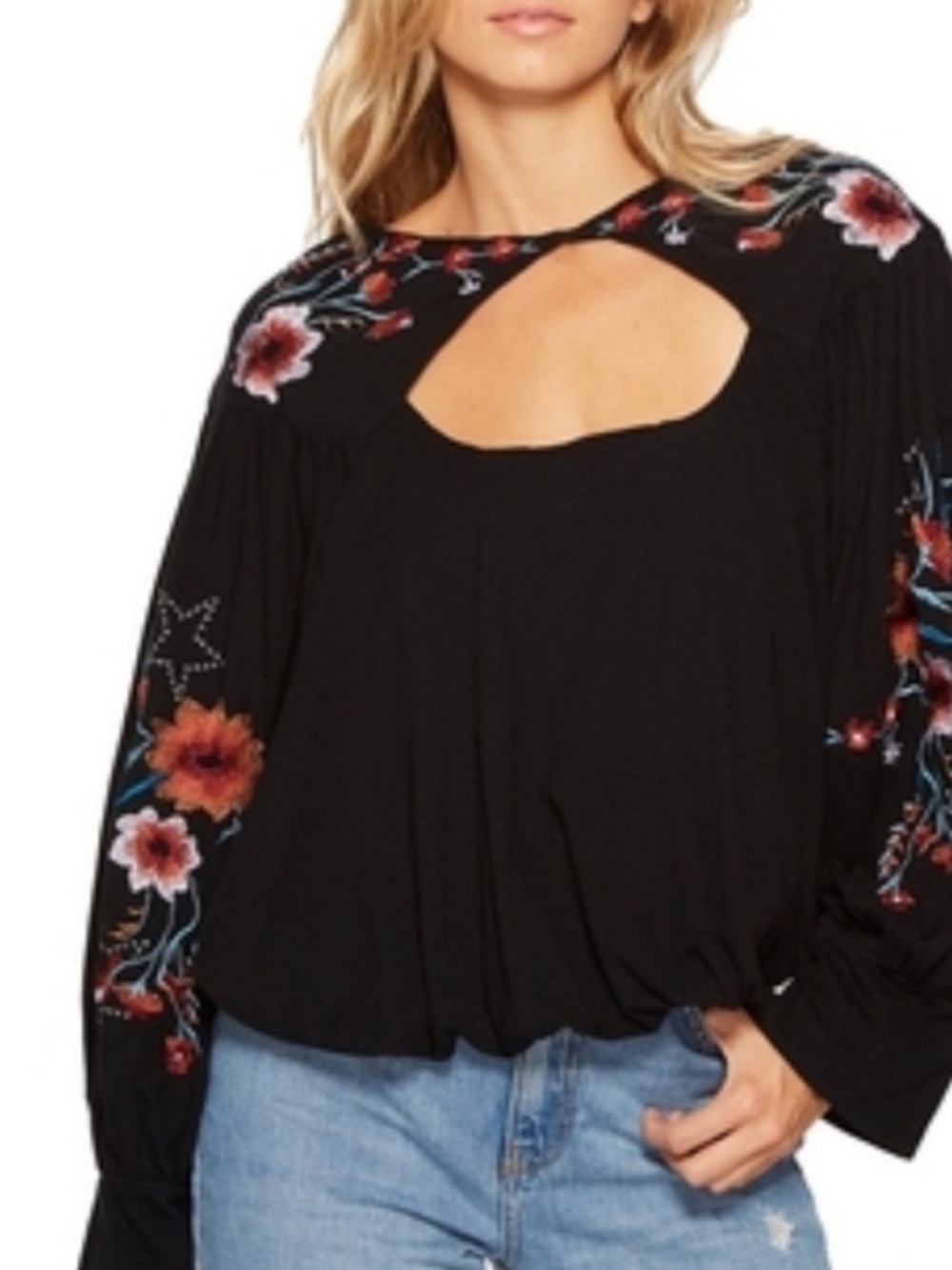 Free People Lita Top Size Small NWT Black Embroidered Cutout Boho Balloon Sleeve - Picture 2 of 9